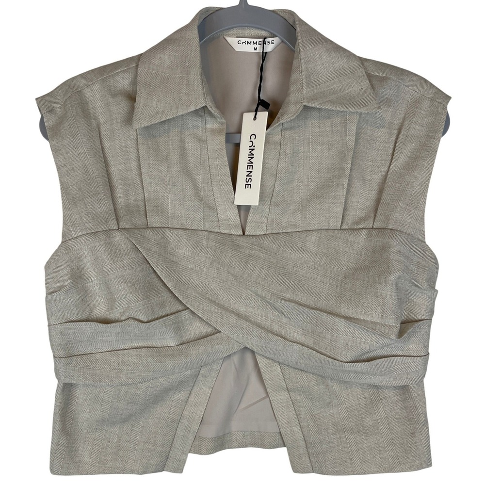 Commense Oatmeal Beige Herringbone Linen Blend Crossover Wrap Top Sleeveless M